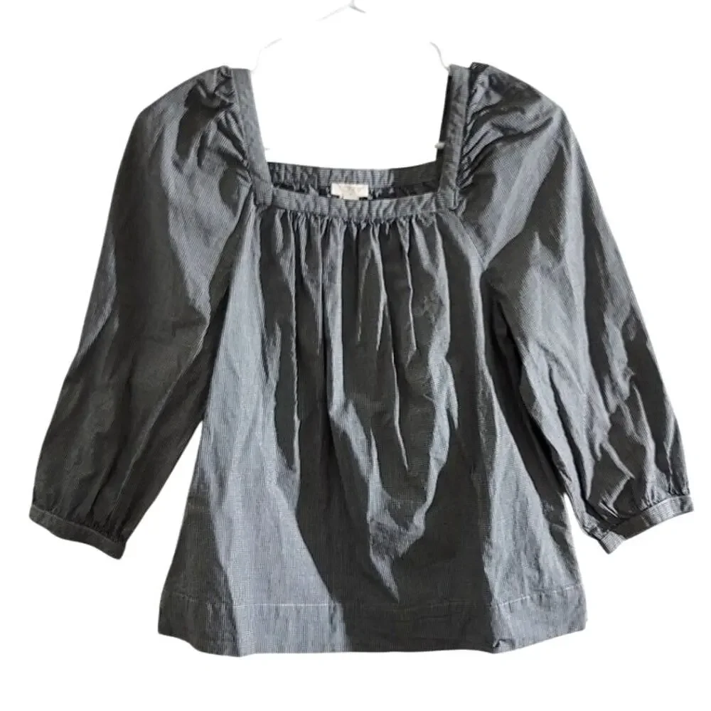 J Crew Penny Peasant Gingham Square Neck 3/4 Sleeve Top Black White XS